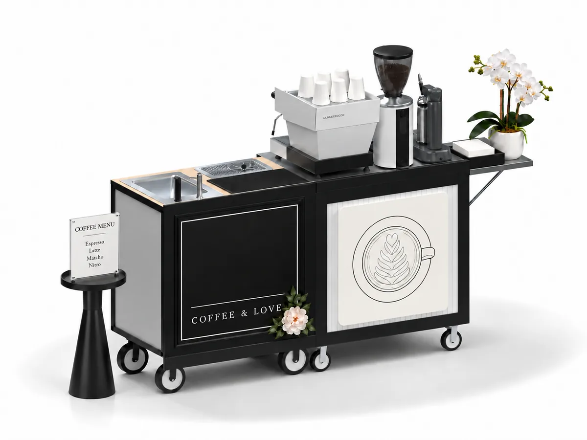 Flat Burr Express cart in the Modern Monochrome look, with a black menu pedestal