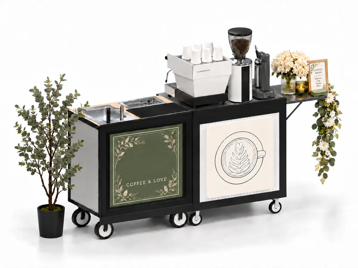 Flat Burr Express cart in the Botanical Sage look, with a eucalyptus floor tree