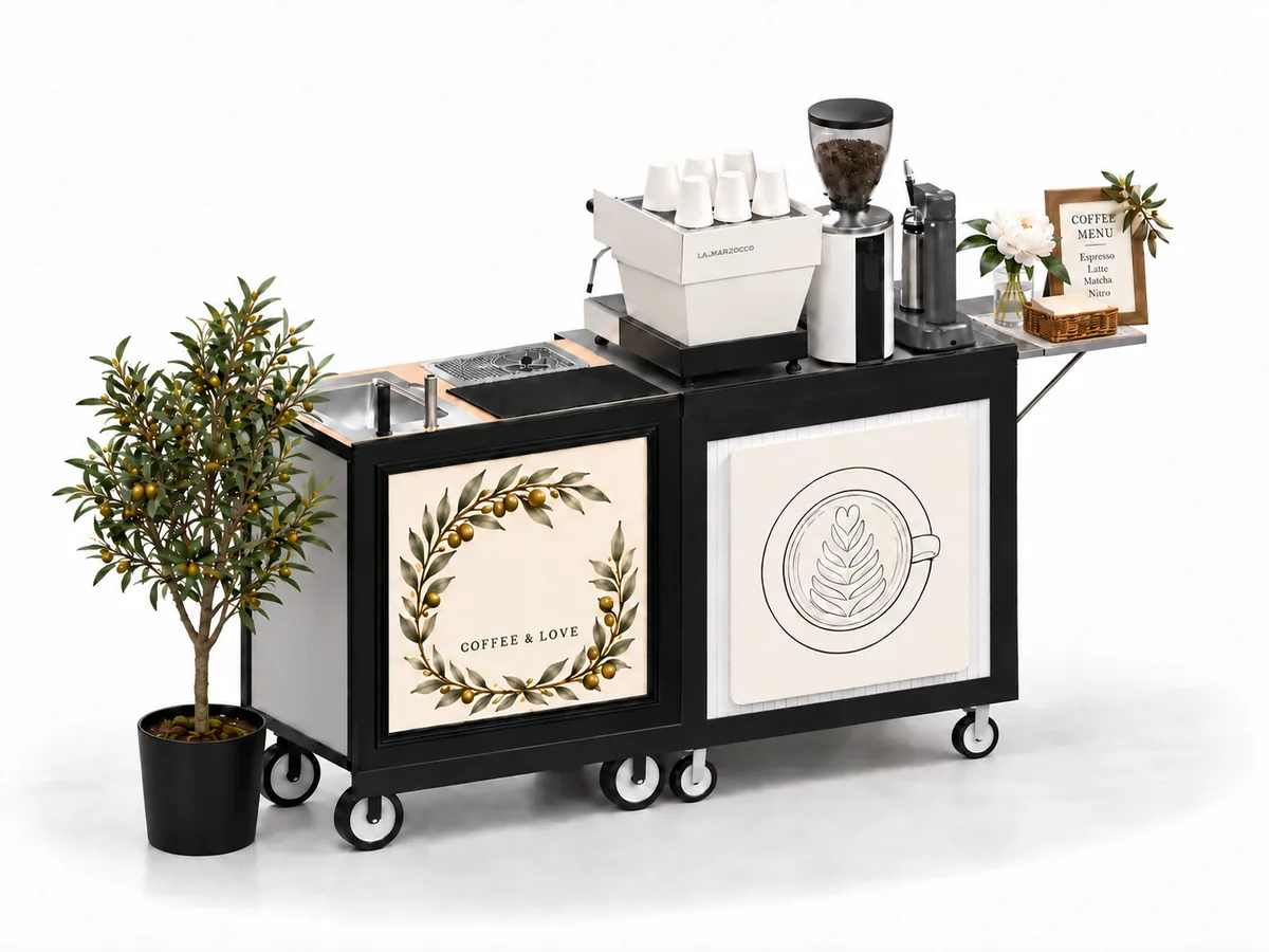 Flat Burr Express cart in the Rustic Olive look, with a olive floor tree