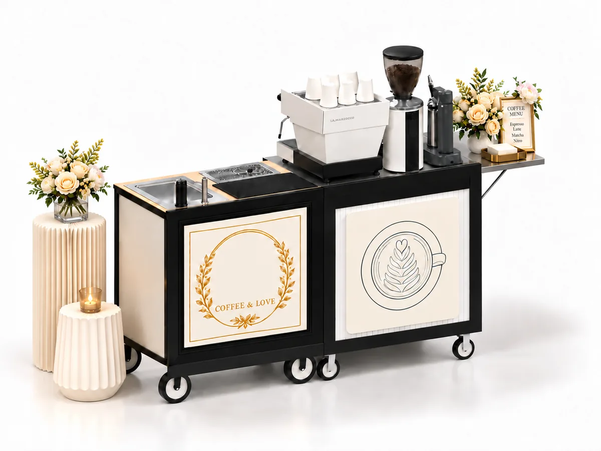 Flat Burr Express cart in the Classic Ivory look, with a fluted ivory table + pedestal