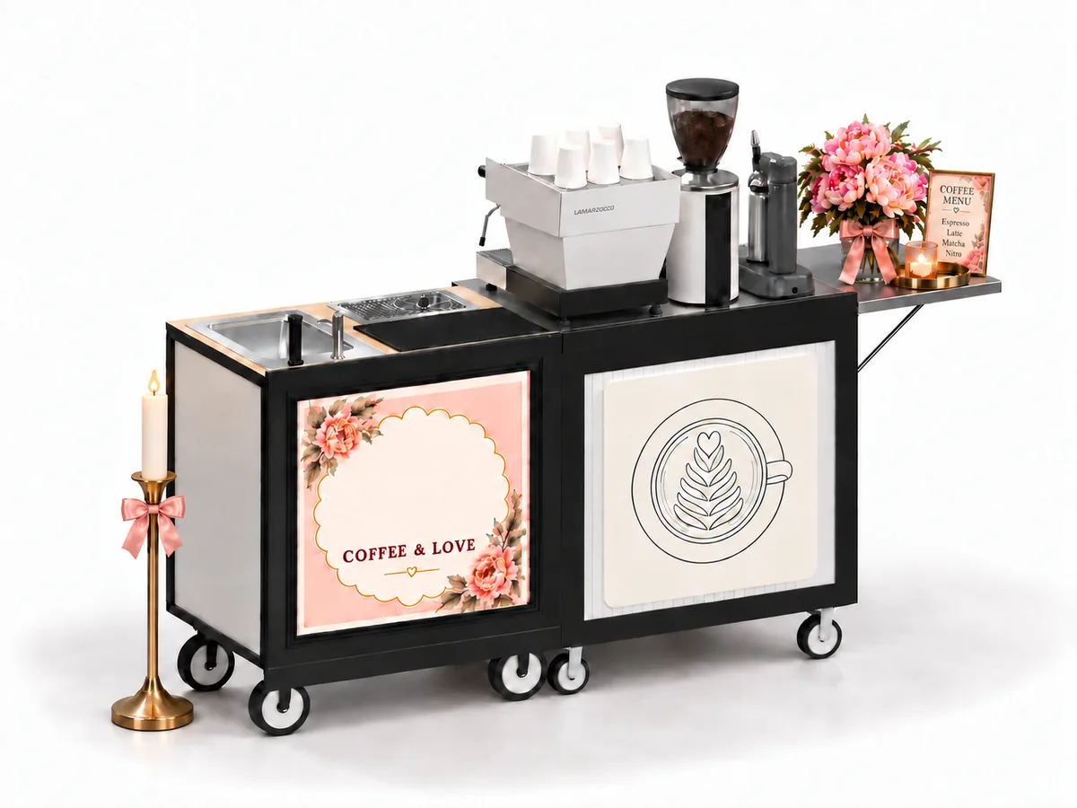 Flat Burr Express cart in the Blush Romance look, with a brass floor candlestick